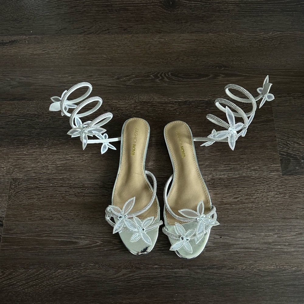 Fashion Nova Silver Sandals with Lace Accents